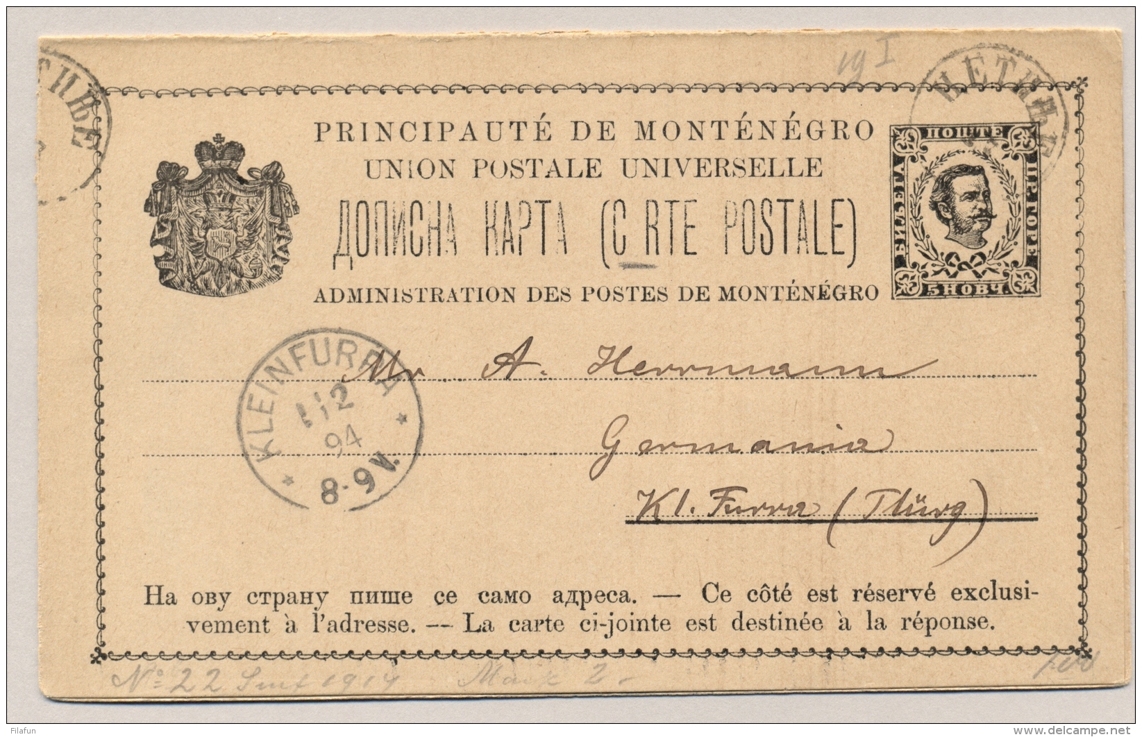 Montenegro - 1894 - 5+5 Nkr Carte Postale To Kleinfurra / Deutschland - Missing A In C RTE POSTALE - Montenegro