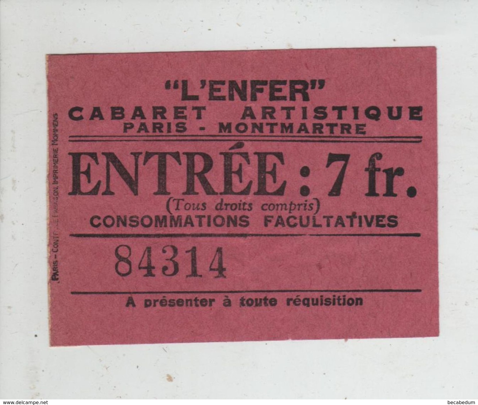 L'Enfer Cabaret Artistique Montmartre Ticket D'entrée 1938 - Eintrittskarten