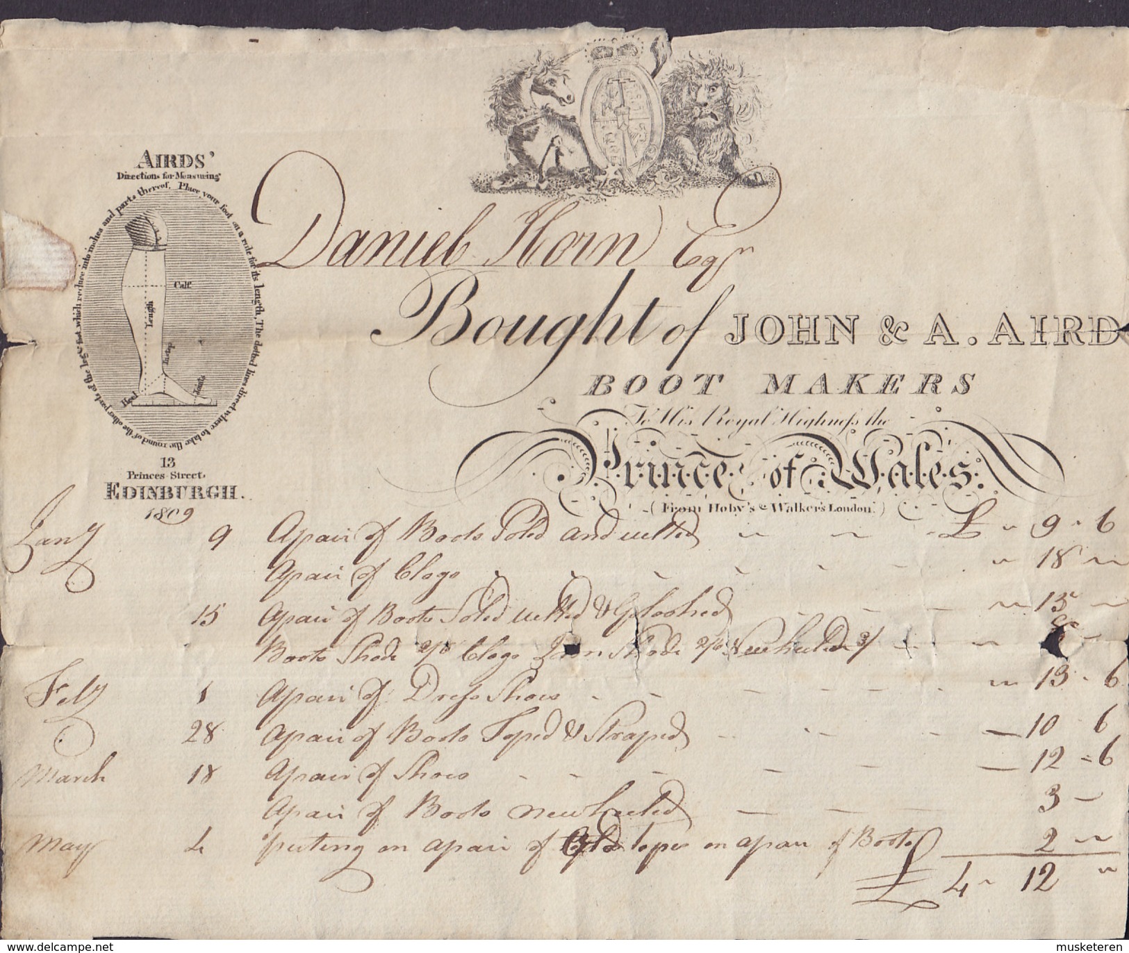 United Kingdom Scotland JOHN & A. AIRD Boot Makers 13 Princes Street, Edinburgh Invoice For DANIEL HORN Dated 1810 - Regno Unito