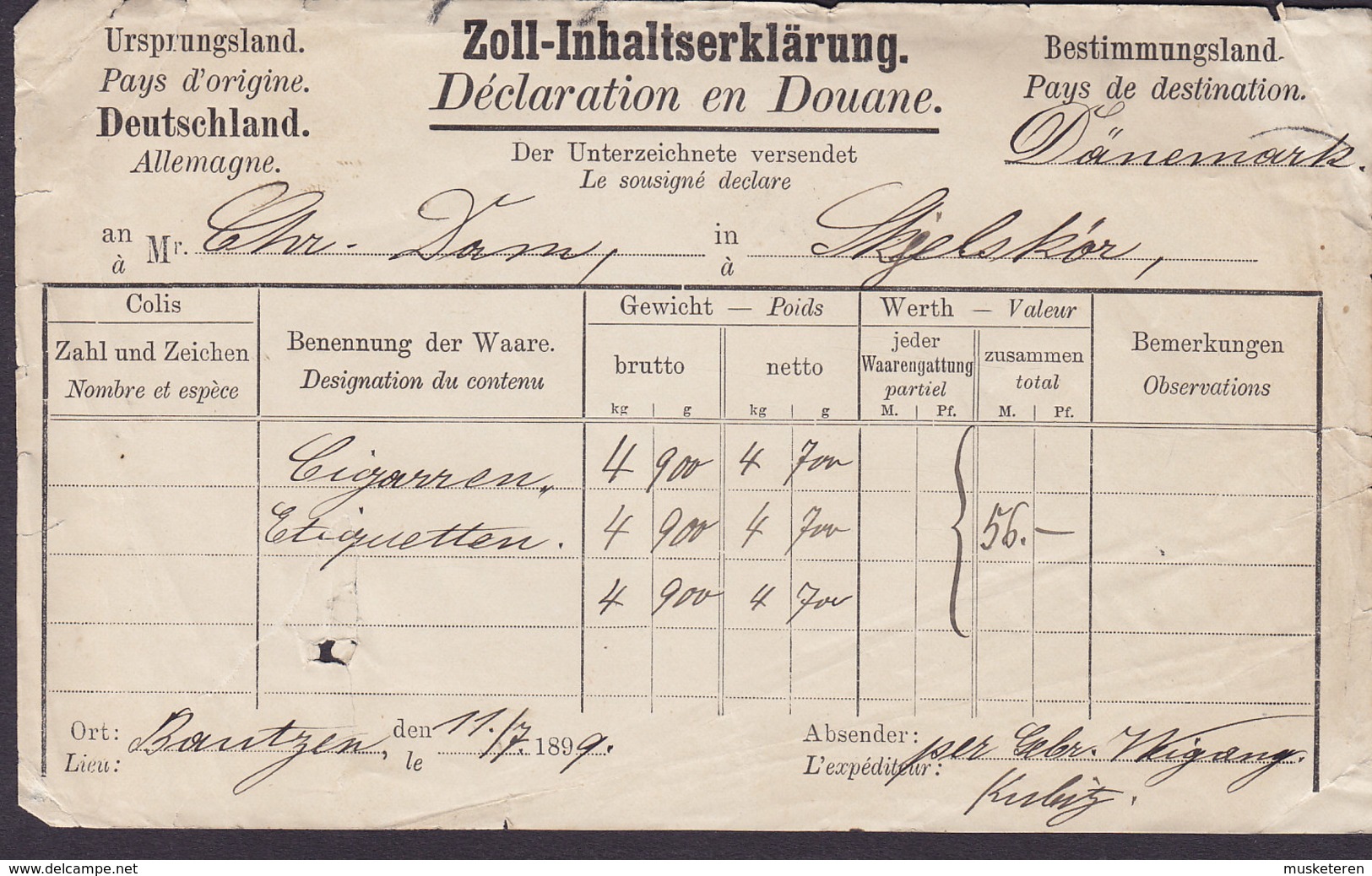 Germany Deutschland ZOLL-INHALTSERKLÄRUNG Déclaration En Douane BOUTZEN 1899 SKJELSKÓR Denmark Cigaretten / Etiquetten - 1800 – 1899