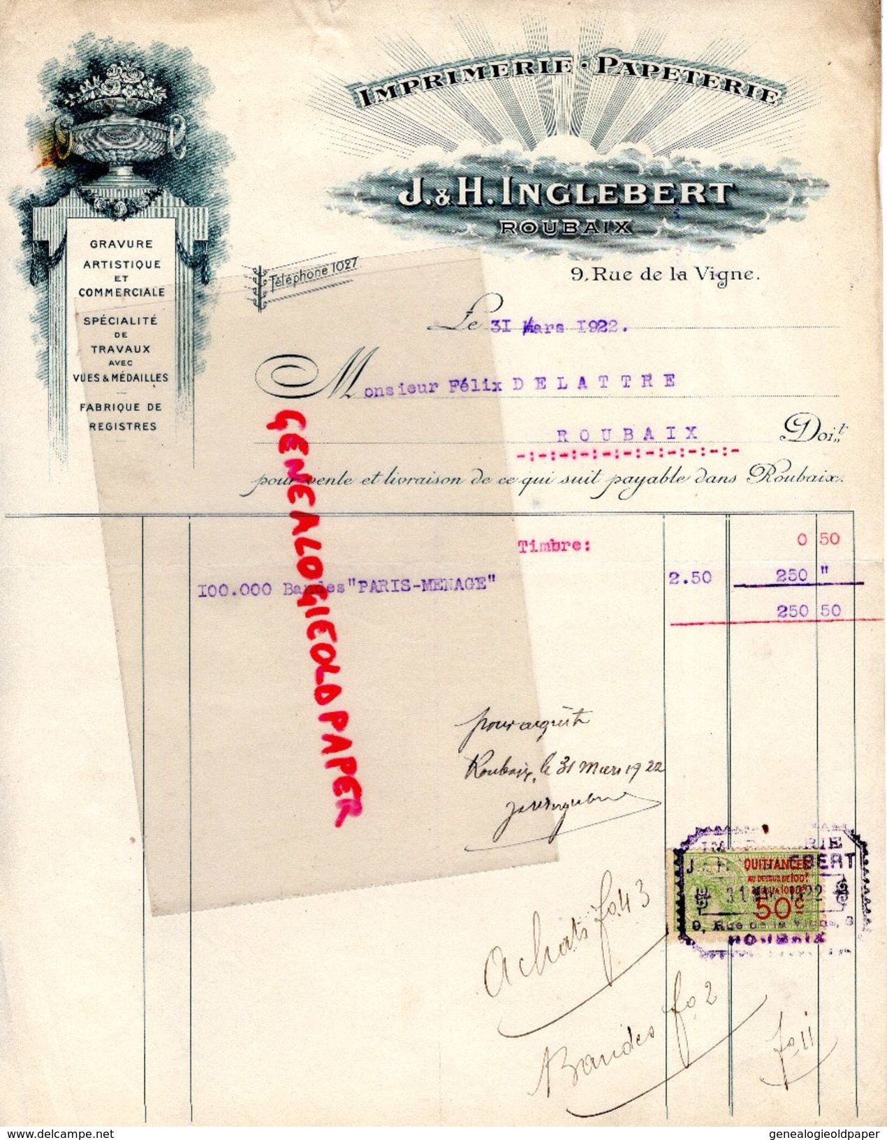 59- ROUBAIX- RARE FACTURE J. & H. INGLEBERT-IMPRIMERIE PAPETERIE-GRAVURE- 9 RUE DE LA VIGNE-FELIX DELATTRE- 1922 - Imprimerie & Papeterie