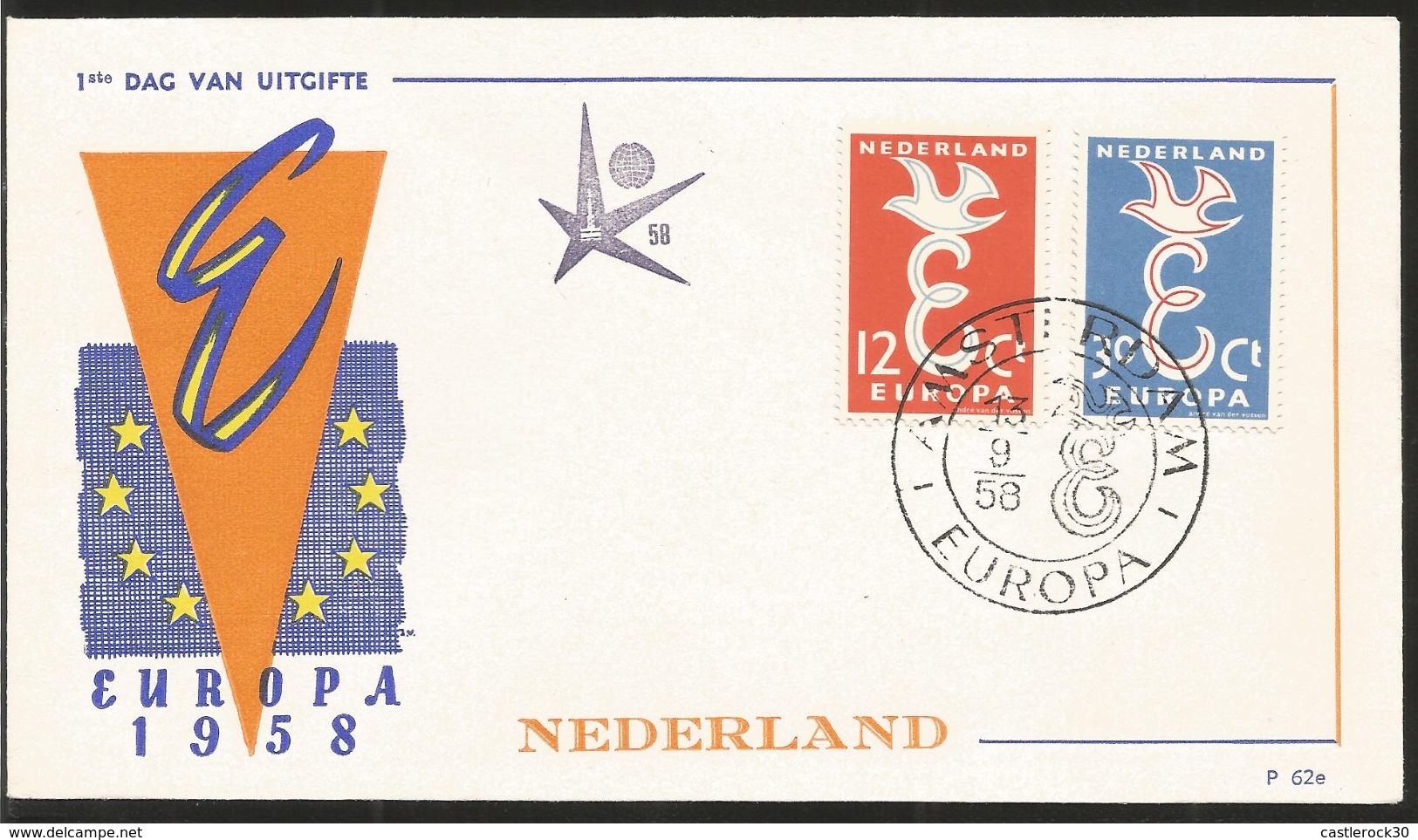 J) 1958 NETHERLAND, FLAG, DOVE ABOVE THE LETTER, "E", FDC - FDC