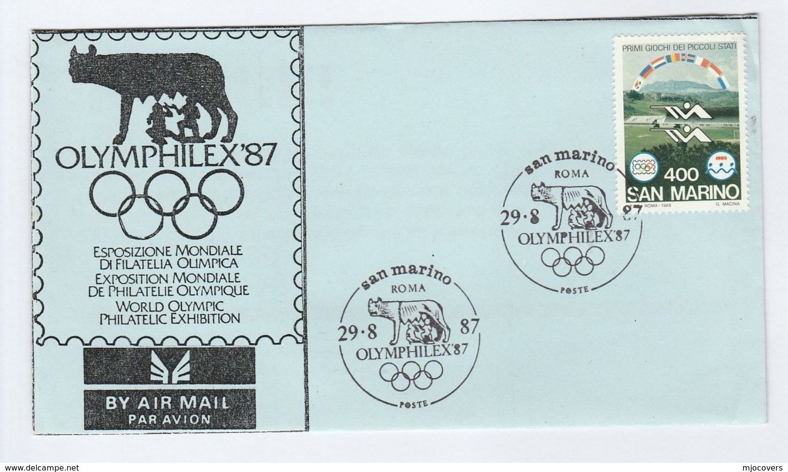 1987 San Marino OLYMPHILEX EVENT COVER WOLF Pmk Olympics Games Olympic Philatelic Exhibition Sport Stamps Wolves - Sommer 1988: Seoul