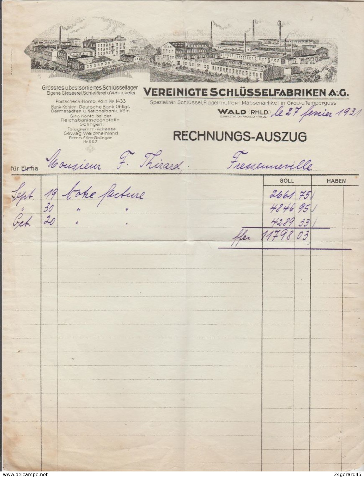 FACTURE 27/02/1931 Vereinigte Schlusselfabriken A.G Wald - 1900 – 1949