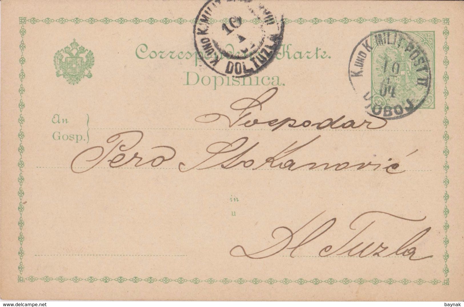 BOSNIEN / AUSTRIA  ---  GANZSACHE, PS   --   K. U. K. MILITARPOST BOSNIEN UND HERCEGOVINA  /  DOBOJ, DOL. TUZLA  /  1904 - Bosnien-Herzegowina