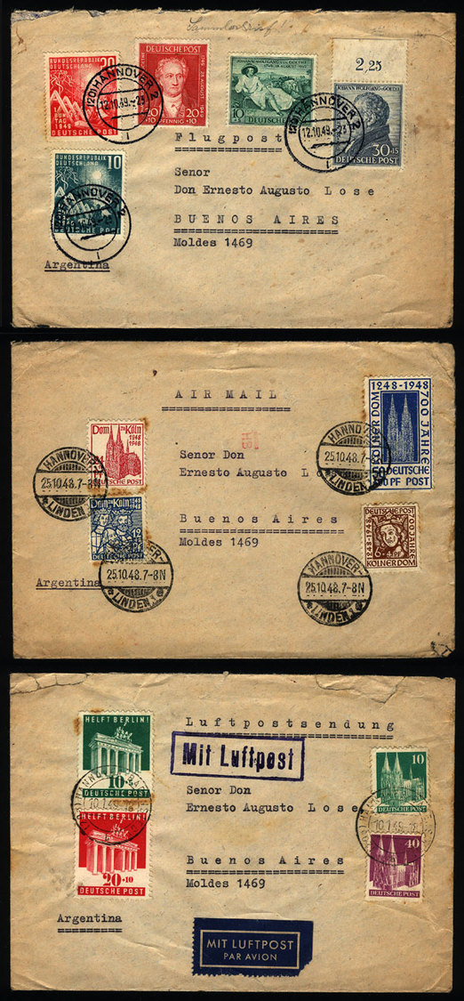 GERMANY: 3 Airmail Covers Sent To Argentina In 1948/9, All With Nice Postages Inc - Autres & Non Classés