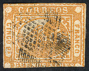 ARGENTINA: GJ.8, Cinco Pesos Orange, Type 25 On The Reconstruction, Nice Example - Buenos Aires (1858-1864)