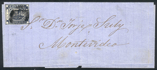 ARGENTINA: GJ.12, To. Rs. Blue, Very Good Example Of Wide Margins Franking A Fold - Buenos Aires (1858-1864)
