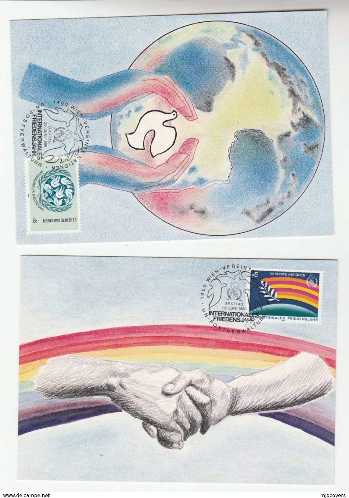 1986 SET Of  2 Different UN  GENEVE FDC Maximum Cards  PEACE YEAR, RAINBOW, GLOBE  Stamps  Cover Card  United Nations - Maximum Cards