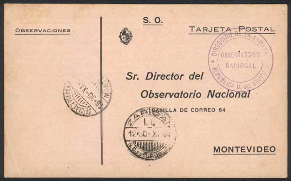 URUGUAY: Card Of The National Meteorological Service Sent Stampless To Montevide - Uruguay