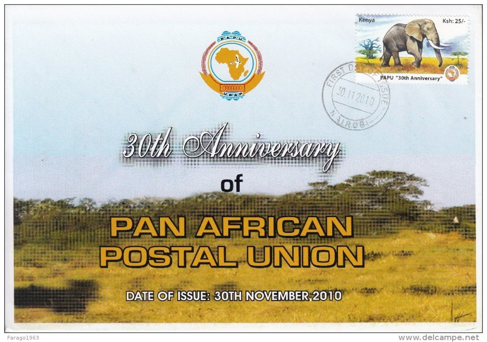 2010 Kenya  Pan African Postal Union Elephant   Complete Set Of 1 First Day Cover  Used - Elefanti