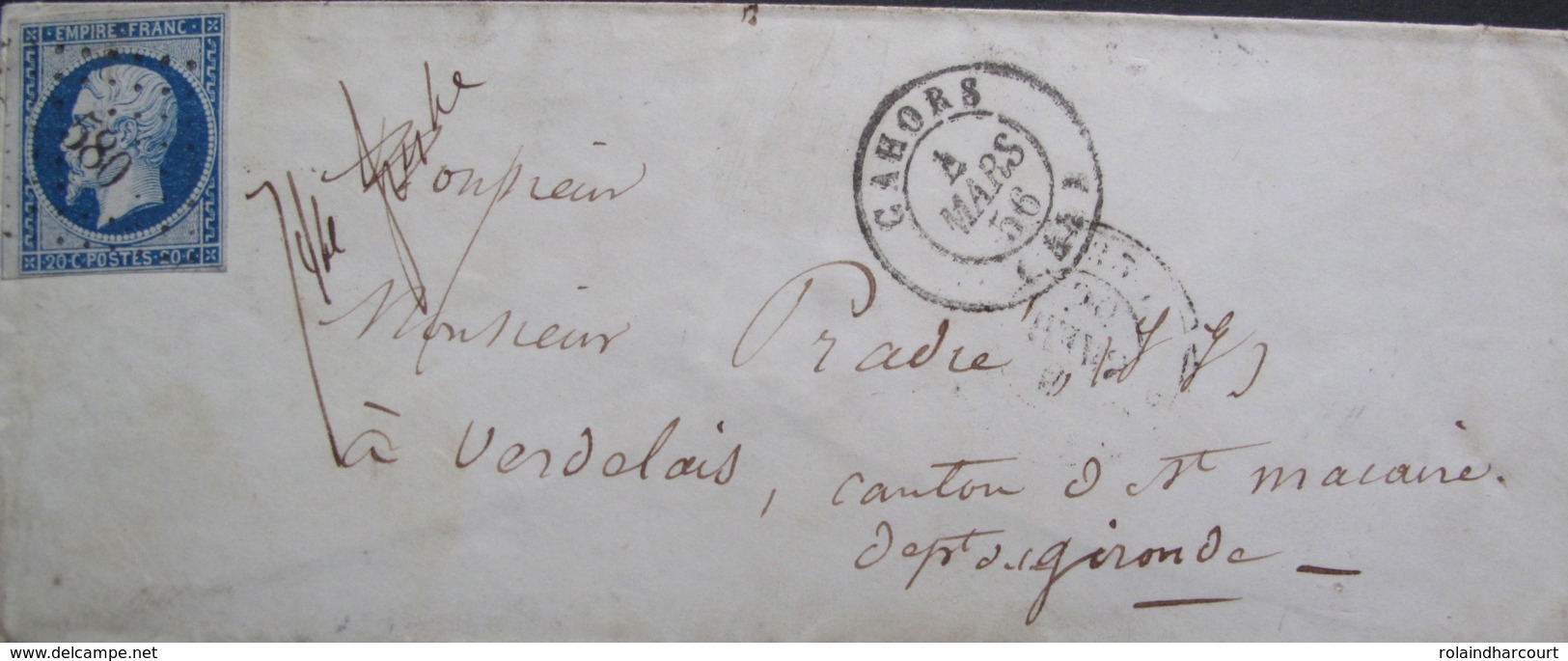 LOT R1606/4 - NAPOLEON III N°14A - LETTRE (LSC) CAHORS (Lot) PC 580 4 MARS 1856 > VERDELAIS (Gironde) - 1853-1860 Napoléon III