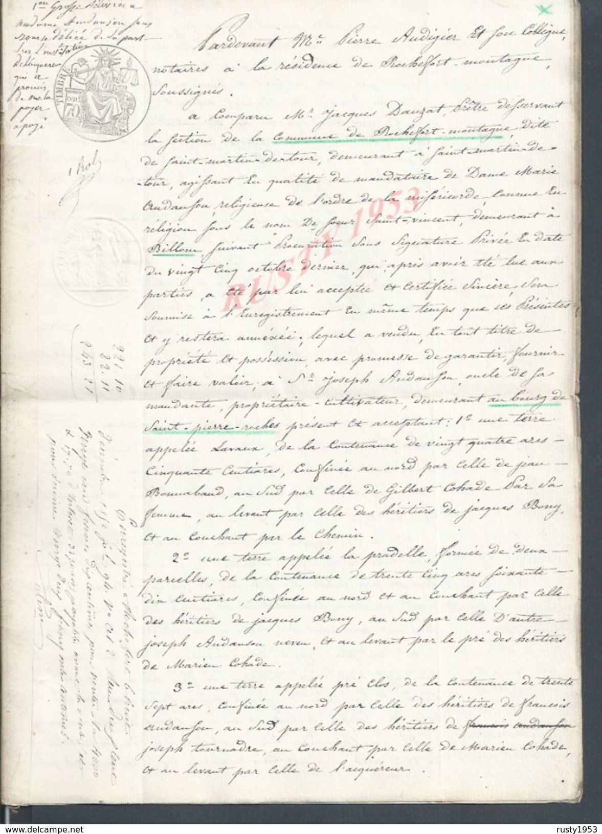 SAINT PIERRE ROCHE BILLON ROCHEFORT MONTAGNE 1852 ACTE VENTE IMMEUBLES POUR JOSEPH ANDOUFOU CONTRE MARIE ANDOUFOU 6Pg: - Manuscripts