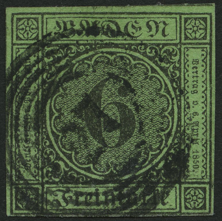 BADEN 3b O, 1851, 6 Kr. Schwarz Auf Gelbgrün, Nummernstempel 27 (DONAUESCHINGEN), Vollrandig, Pracht - Altri & Non Classificati