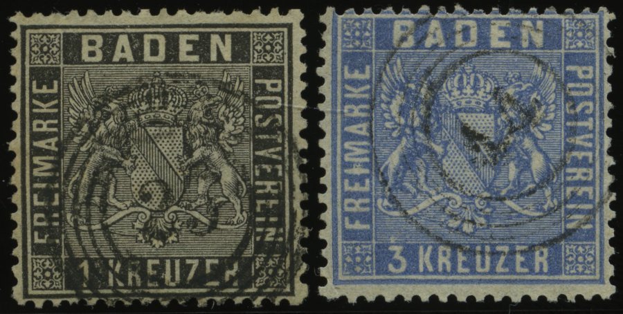 BADEN 9,10b O, 1860/1, 1 Kr. Schwarz Und 3 Kr. Mittelultramarin, 2 Gut Gezähnte Prachtwerte - Sonstige & Ohne Zuordnung