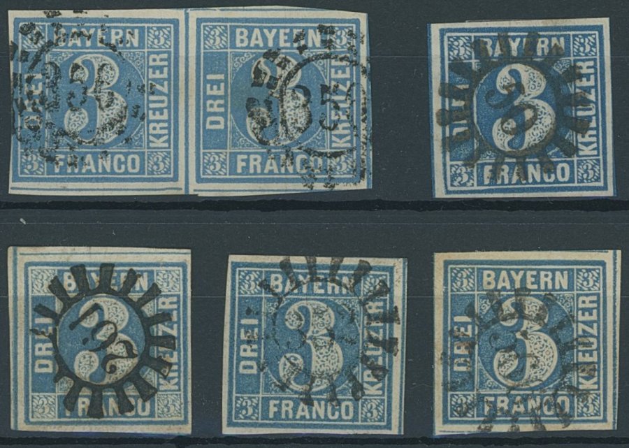 BAYERN 2II O, 1859, 2 Kr. Blau, Ein Paar Und 4 Pracht- Und Kabinettwerte Mit Verschiedenen Nummernstempeln - Autres & Non Classés