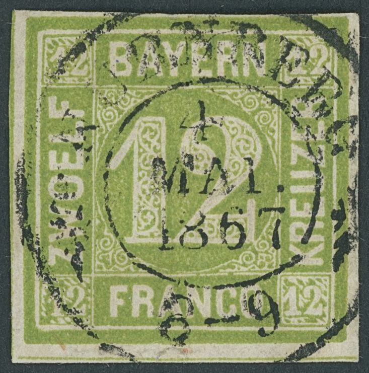 BAYERN 12 O, 1862, 12 Kr. Dunkelgelbgrün, Idealer Zentrischer K2 NÜRNBERG, Pracht - Other & Unclassified