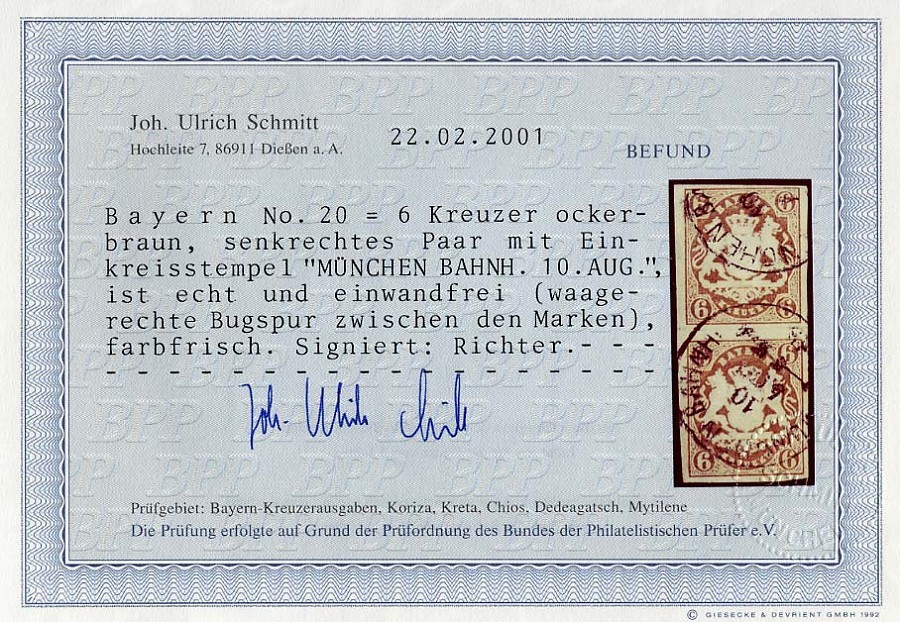 BAYERN 20 Paar O, 1868, 6 Kr. Ockerbraun Im Senkrechten Paar, K1 MÜNCHEN BAHNH., Pracht (waagerechten Bugspur Zwischen D - Sonstige & Ohne Zuordnung