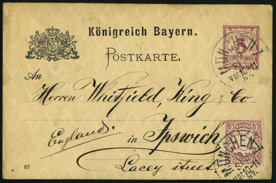 BAYERN 48 BRIEF, 1887, 5 Pf. Mittelgraupurpur Als Zusatzfrankatur Auf 5 Pf. Ganzsachenkarte (P 30), Prachtkarte Von MÜNC - Autres & Non Classés