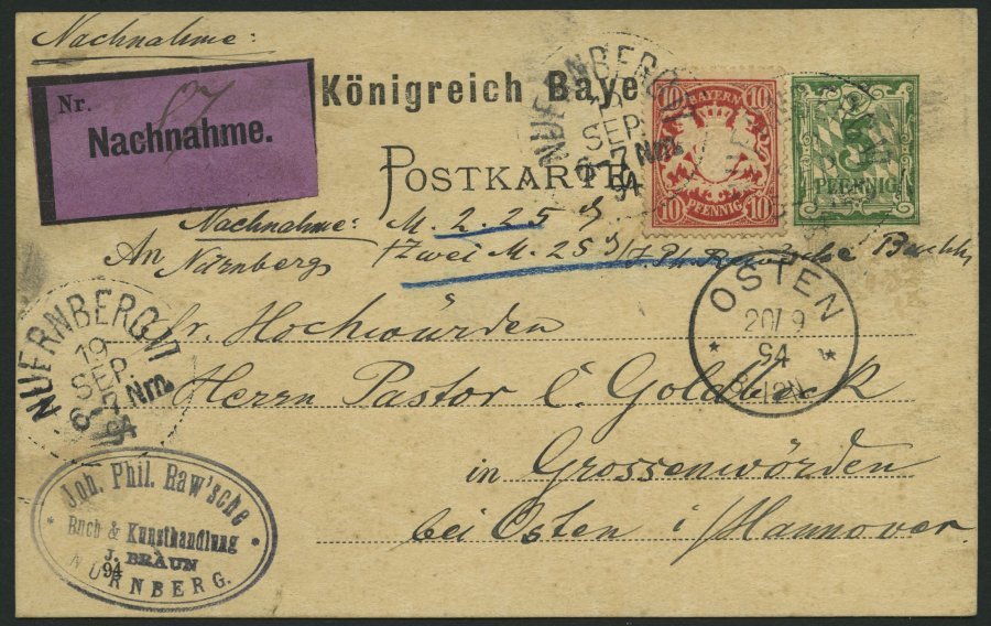 BAYERN 56By,P 38 BRIEF, 1894, 10 Pf. Karminrot, Als Zusatzfrankatur Auf 5 Pf. Ganzsachenkarte, Nachnahmekarte Von NÜRNBE - Altri & Non Classificati