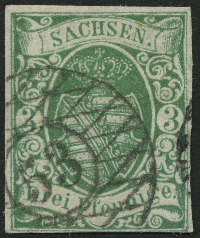 SACHSEN 2IIa O, 1851, 3 Pf. Saftiggrün, Type II, Nummernstempel 53 (MEERANE), Pracht - Sachsen