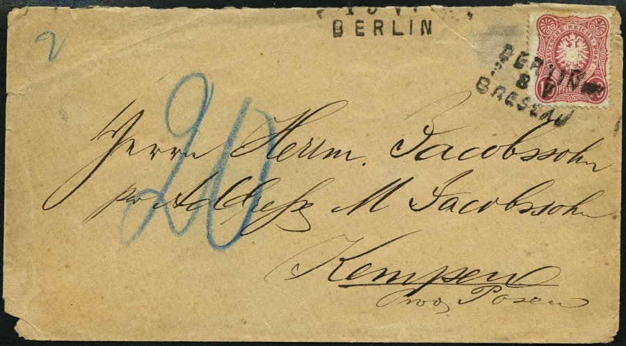 BAHNPOST DR 33 BRIEF, Berlin-Breslau, L3 Und Abgedeckter Bahnpoststempel BERLIN Auf Brief Mit 10 Pfe. Karmin Von 1881, F - Franking Machines (EMA)