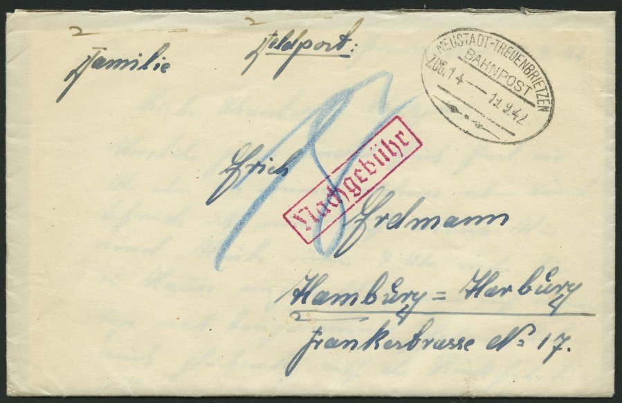 BAHNPOST Neustadt-Treuenbrietzen (Zug 14) Auf Brief Nach Hamburg-Harburg Von 1942 Mit Nachporto, Pracht - Machines à Affranchir (EMA)