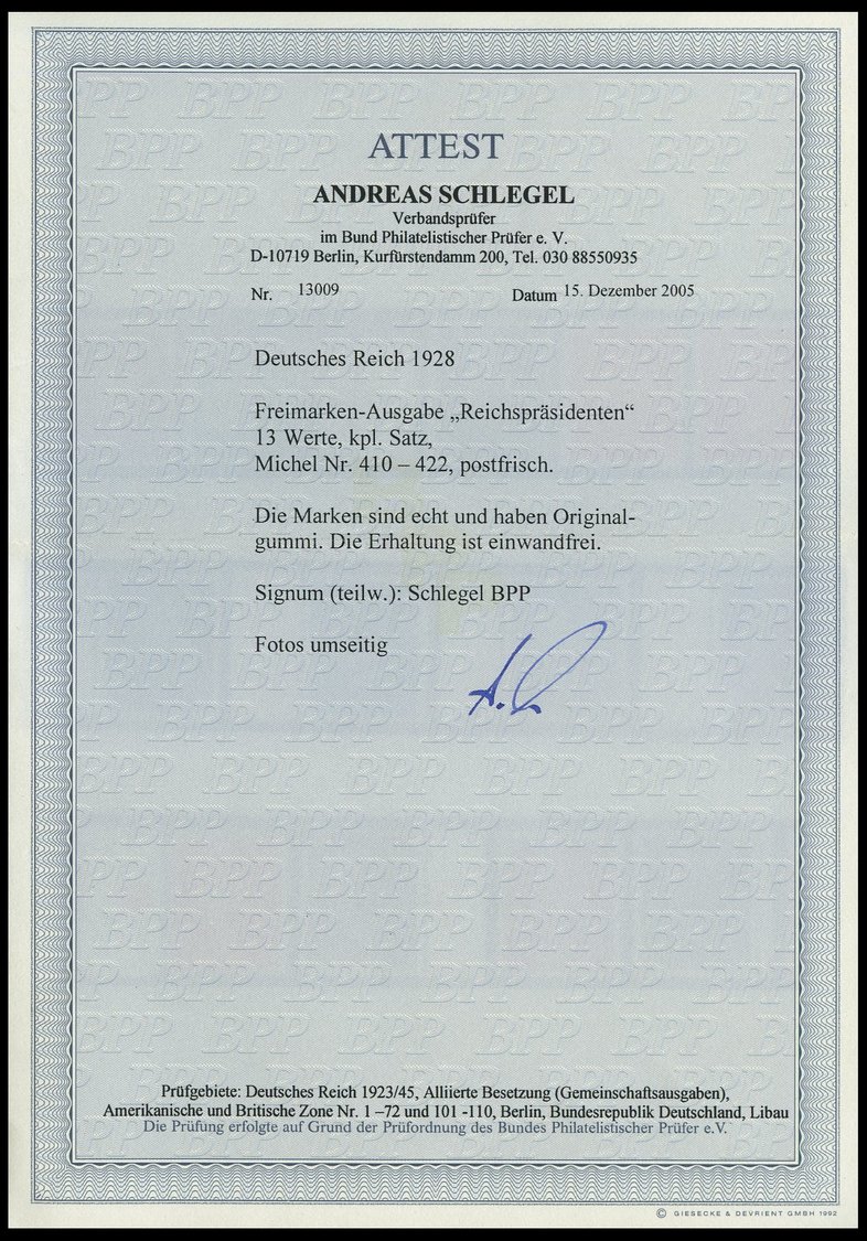Dt. Reich 410-22 **, 1928, Reichspräsidenten, Postfrisch, Meist Randstücke, Prachtsatz, Fotoattest A. Schlegel, Mi. (110 - Usados