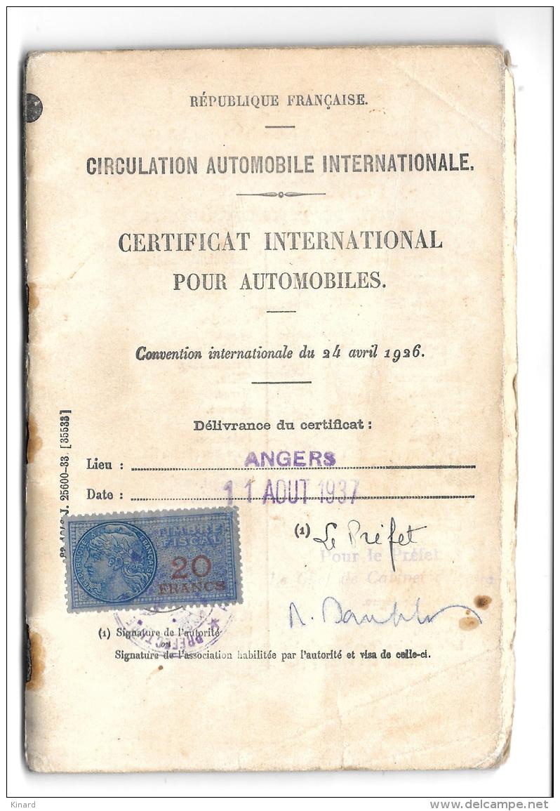 CERTIFICAT INTERNATIONAL POUR AUTOMOBILES....  TIMBRE FISCAL...1937... BE - Documents Historiques
