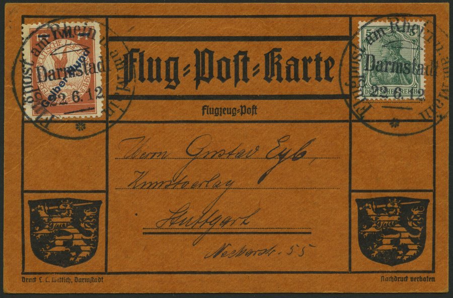 ZEPPELINPOST 13 BRIEF, 1912, 1 M. Gelber Hund Auf Flugpostkarte Mit 5 Pf. Zusatzfrankatur, Sonderstempel Darmstadt 19.6. - Posta Aerea & Zeppelin