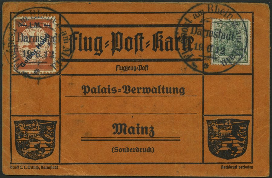 ZEPPELINPOST 13 BRIEF, 1912, 1 M. Gelber Hund Auf Flugpostkarte Mit 5 Pf. Zusatzfrankatur, Sonderstempel Darmstadt 19.6. - Airmail & Zeppelin