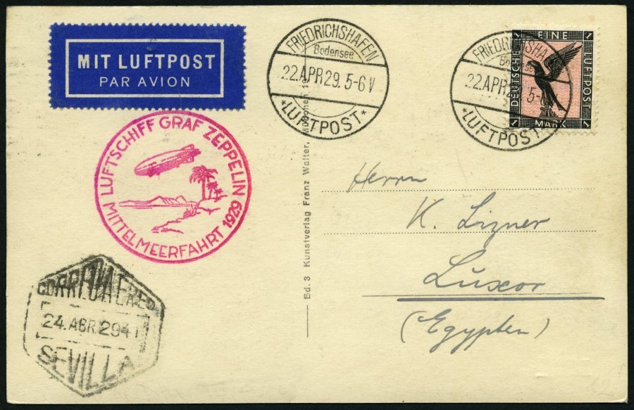 ZEPPELINPOST 24A BRIEF, 1929, Mittelmeerfahrt, Poststempel Fr`hafen, Prachtkarte - Poste Aérienne & Zeppelin