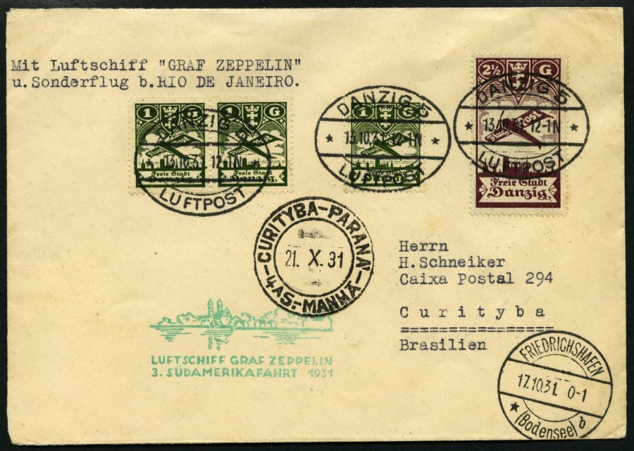 ZULEITUNGSPOST 133 BRIEF, Danzig: 1931, 3. Südamerikafahrt, Prachtbrief - Zeppelines