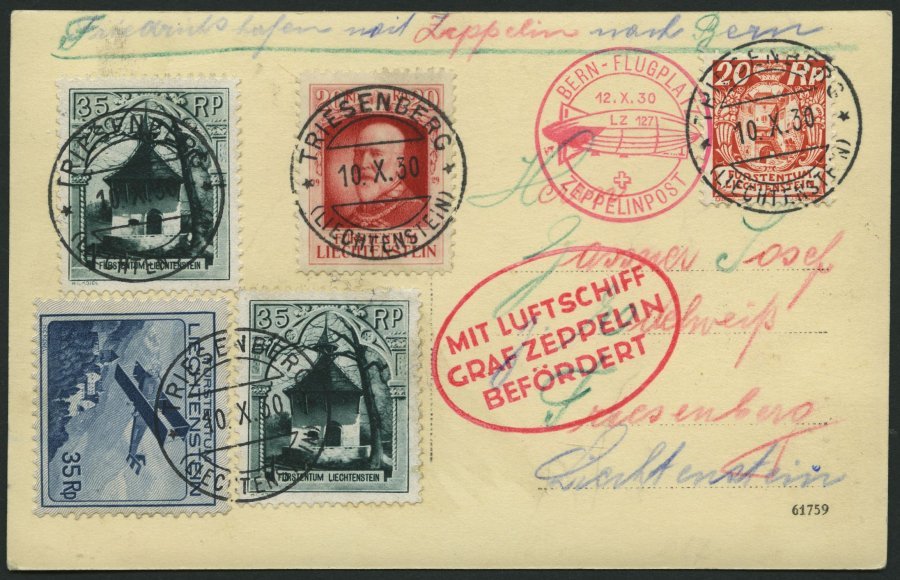 ZULEITUNGSPOST 93 BRIEF, Liechtenstein: 1930, Schweizfahrt, Abgabe Bern, Prachtkarte - Zeppelins