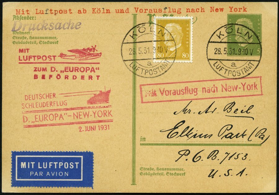 KATAPULTPOST 45c BRIEF, 2.6.1931, Europa - New York, Nachbringe- Und Schleuderflug, Auf 5 Pf. Hindenburg - Ganzsachenkar - Covers & Documents
