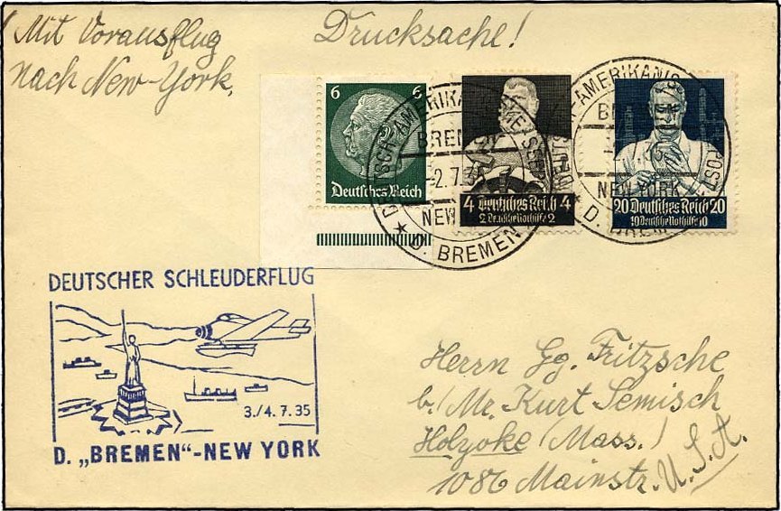 KATAPULTPOST 196b BRIEF, 3.7.1935, Bremen - New York, Seepostaufgabe, Frankiert U.a. Mit Mi.Nr. 562, Drucksache, Pracht - Lettres & Documents