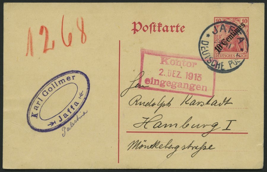 DP TÜRKEI P 19 BRIEF, 1913, 10 Centimes Auf 10 Pf., Prachtkarte Von JAFFA Nach Hamburg - Turquie (bureaux)