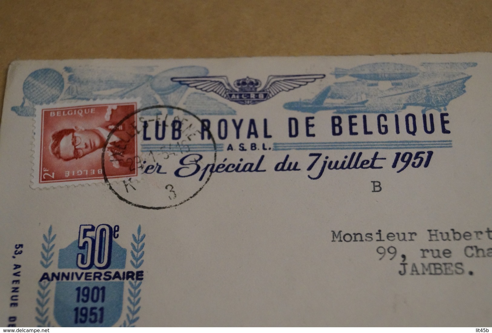 RARE Courrier Royal Club De Belgique,Spécial 7 Juillet 1951,50 Iem Anniversaire,par Ballon - Other & Unclassified