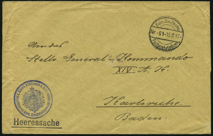 FELDPOST I.WK 1917, Heeressache Der Feldpoststation Nr. 51 Nach Karlsruhe, Mit Blauem Siegelstempel Delegierter D. Kasie - Usati