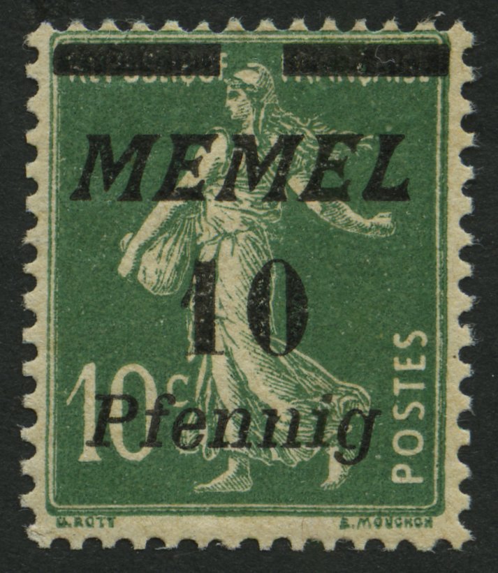 MEMELGEBIET 54b **, 1922, 10 Pf. Auf 10 C. Dunkelgrün, Postfrisch, Pracht, Gepr. Dr. Klein, Mi. 80.- - Memel (Klaipeda) 1923