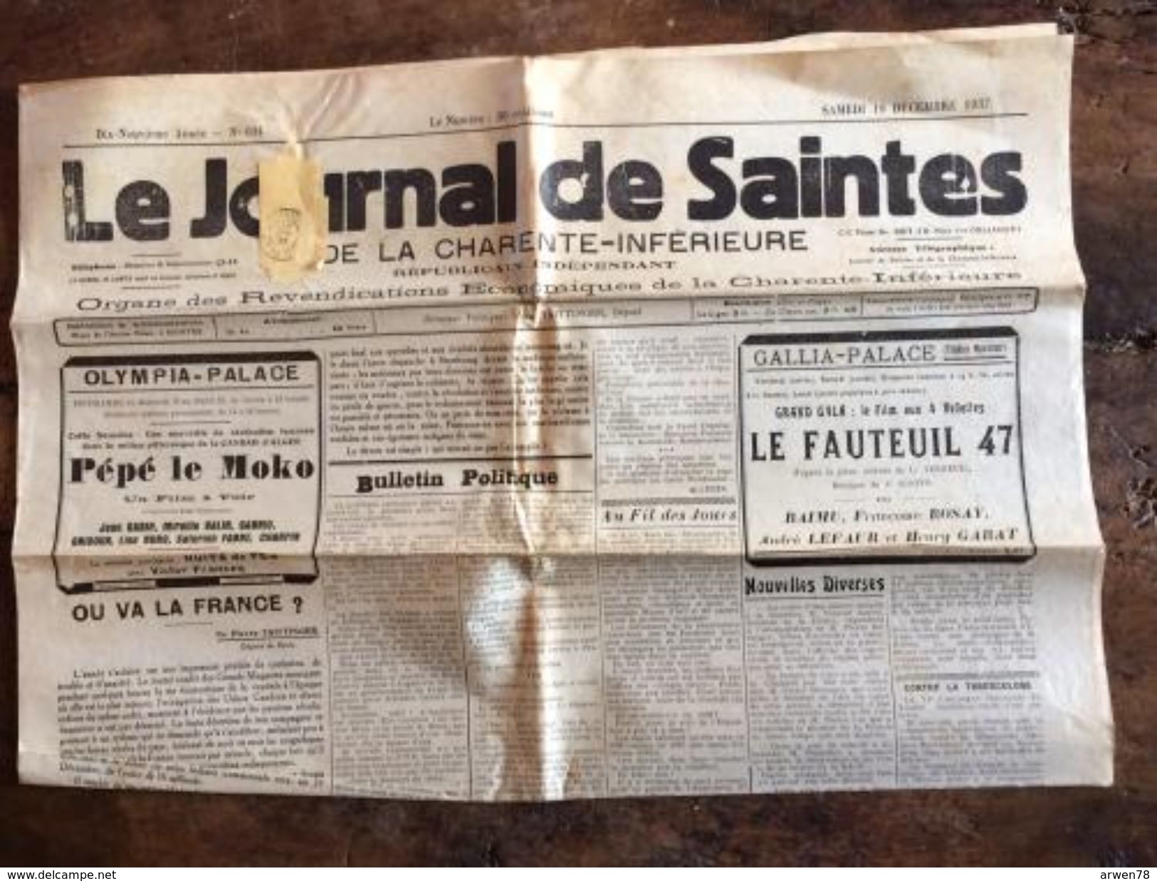 Le Journal De Saintes Du Samedi 18 Decembre1937 Cachet Film Pepe Le Moko Jean Gabin - Collections
