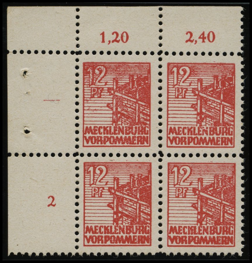 MECKLENBURG-VORPOMMERN 36xcc VB **, 1946, 12 Pf. Schwärzlichgraurot, Kreidepapier, Linker Oberer Eckrandviererblock, Pra - Autres & Non Classés