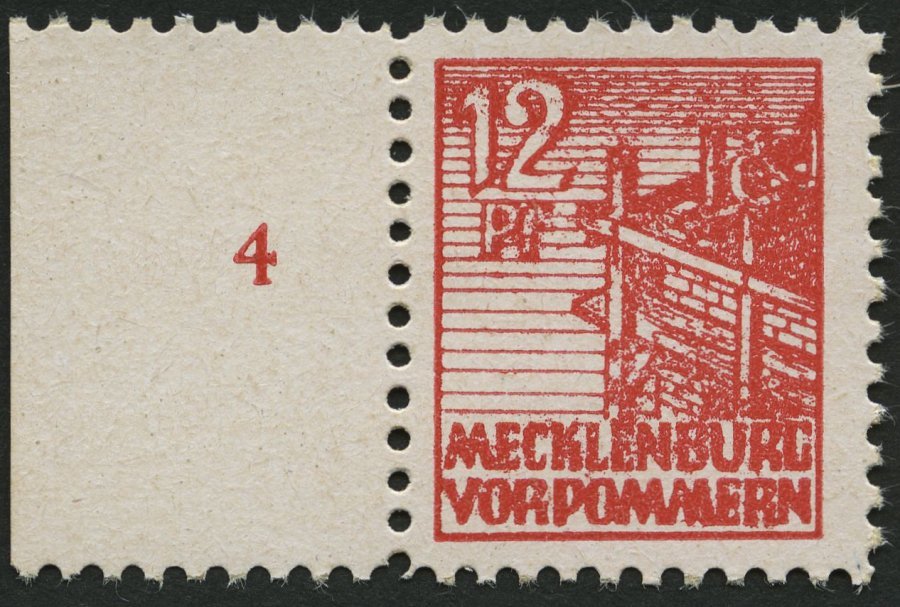 MECKLENBURG-VORPOMMERN 36xcc **, 1946, 12 Pf. Schwärzlichgraurot, Kreidepapier, Linkes Randstück, Pracht, Gepr. Kramp, M - Autres & Non Classés