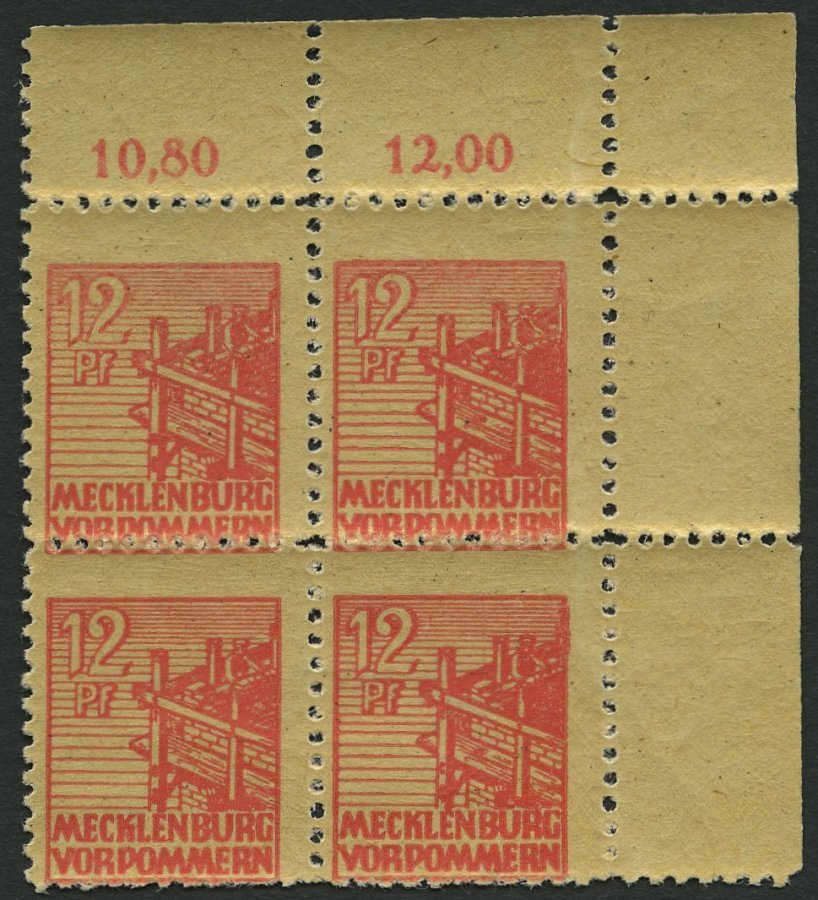 MECKLENBURG-VORPOMMERN 36yeG **, 1946, 12 Pf. Orangerot, Graues Papier, Druck Auf Der Gummiseite, Im Eckrandviererblock, - Autres & Non Classés