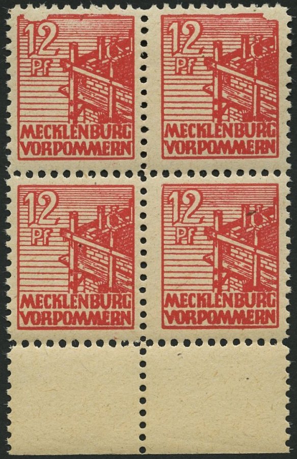 MECKLENBURG-VORPOMMERN 36zz VB **, 1946, 12 Pf. Rot, Dünnes Papier, Diagonal Genetzte Gummierung, Im Viererblock Vom Unt - Autres & Non Classés