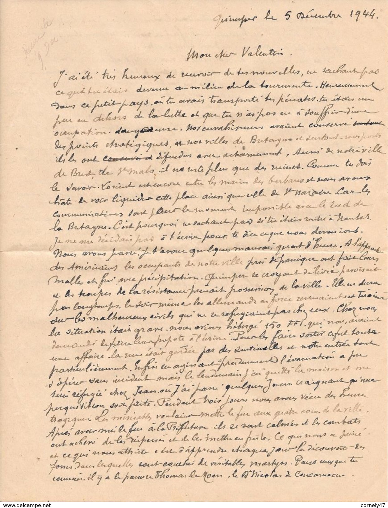 29 Et 49 Correspondance Intéressante De 1944  Quimper Pour Epiré Evacuation De 150 FFI - Documenti Storici