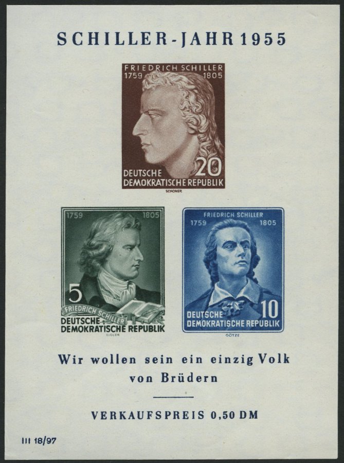 DDR Bl. 12II **, 1955, Block Schiller Mit Abart Gesicht Mit 2 Warzen, Pracht, Mi. 300.- - Oblitérés