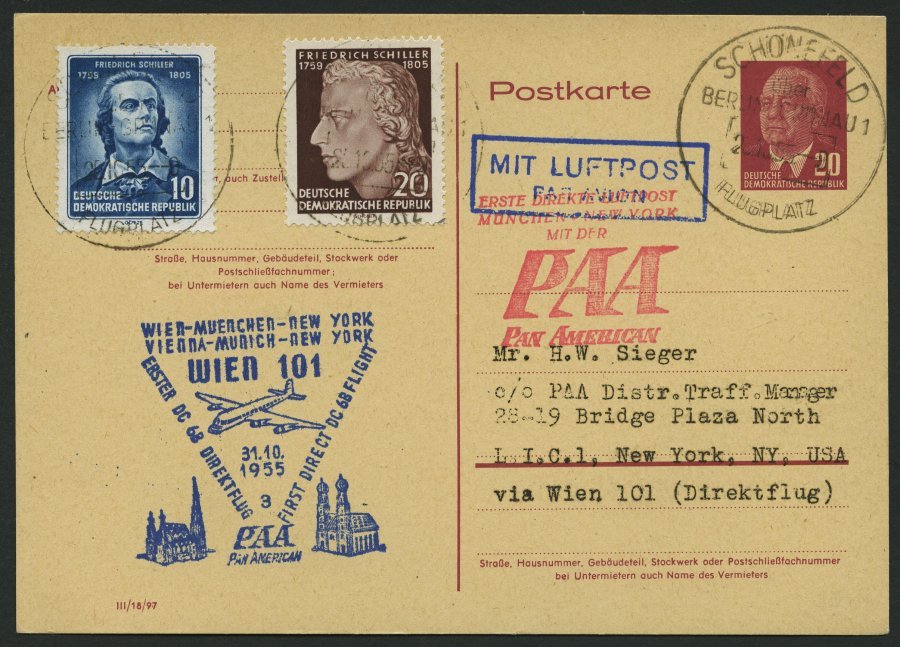 GANZSACHEN P 54 BRIEF, 1955, 20 Pf. Karmin Mit Zusatzfrankatur, PAA-Flug Wien-New York, Pracht - Sonstige & Ohne Zuordnung