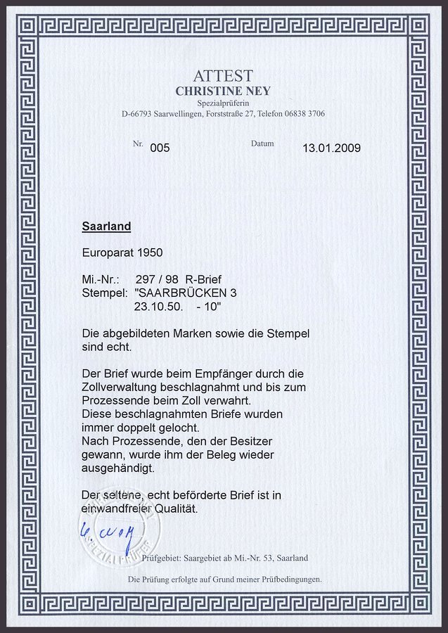 SAARLAND 297/8 BRIEF, 1950, Europarat Auf Einschreibbrief, Pracht, Fotoattest Ney: Der Brief Wurde Beim Empfänger Durch  - Otros & Sin Clasificación