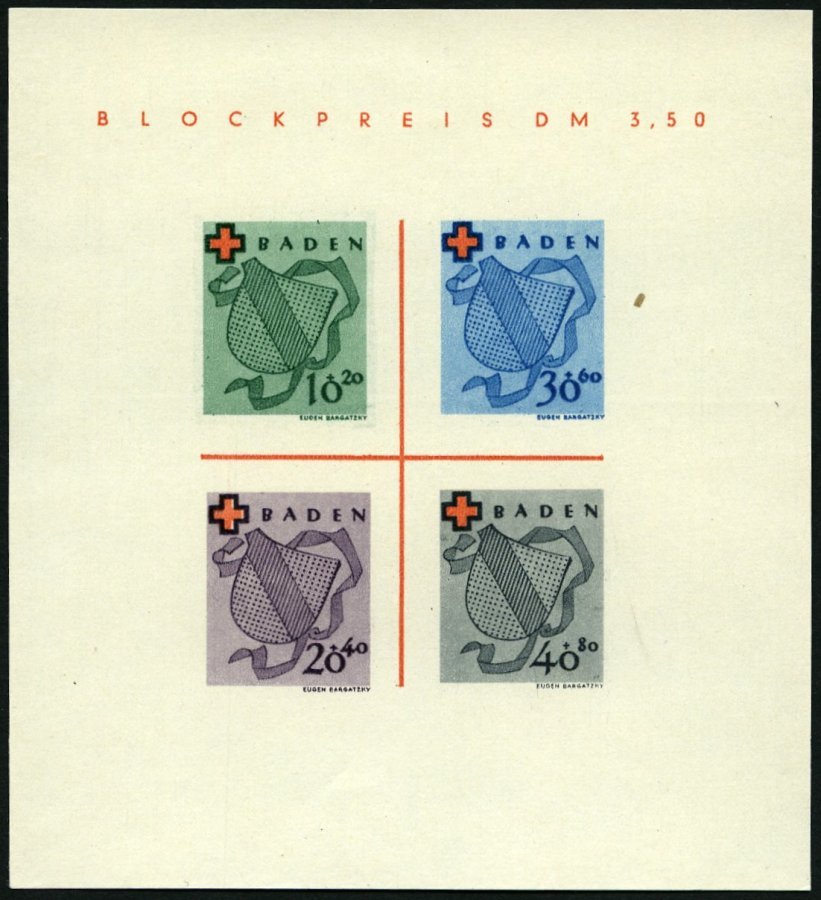 BADEN Bl. 2I/III (*), 1949, Block Rotes Kreuz, Type III: Grüner Punkt Auf Bildrand Oberhalb DE In Baden, Pracht, Mi. 110 - Altri & Non Classificati